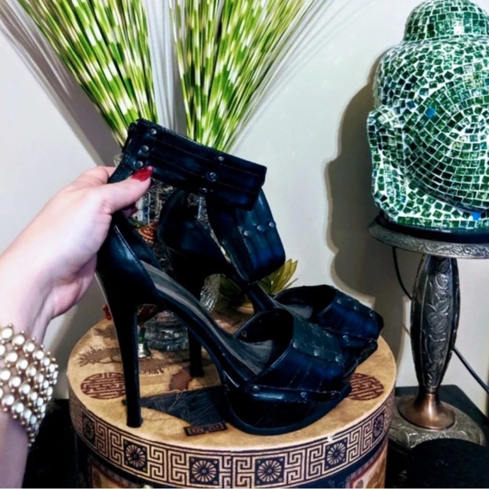 Charlotte Russe Black Studded Platform Ankle-Cuff Heels